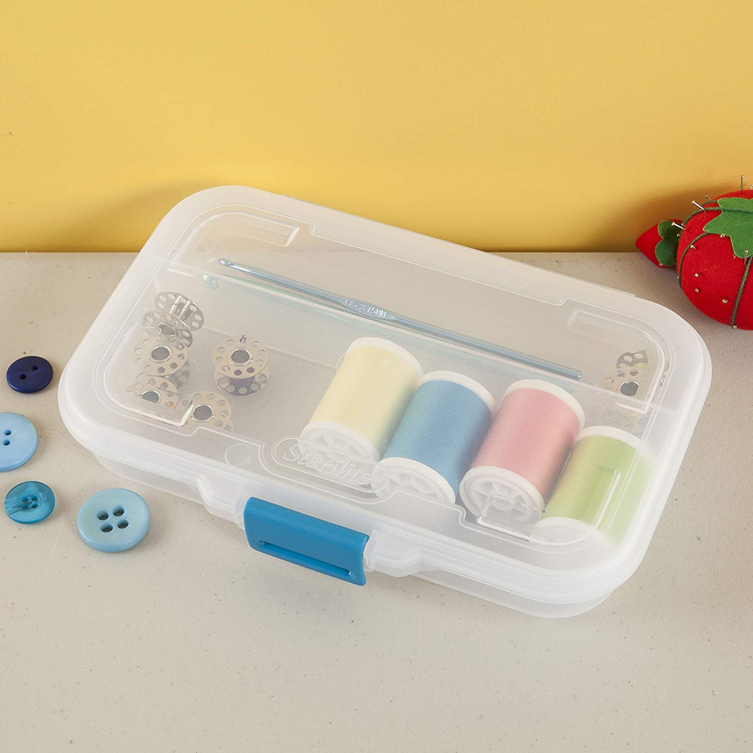 Sterilite Small Divided Box, Stackable Plastic Small Storage Container With Latch Lid, Organize Pens, Pencils And Small Items, C